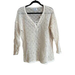 Women's David Wayne Long Sleeve Cream Color Crocheted Shirt, Top, Sweater